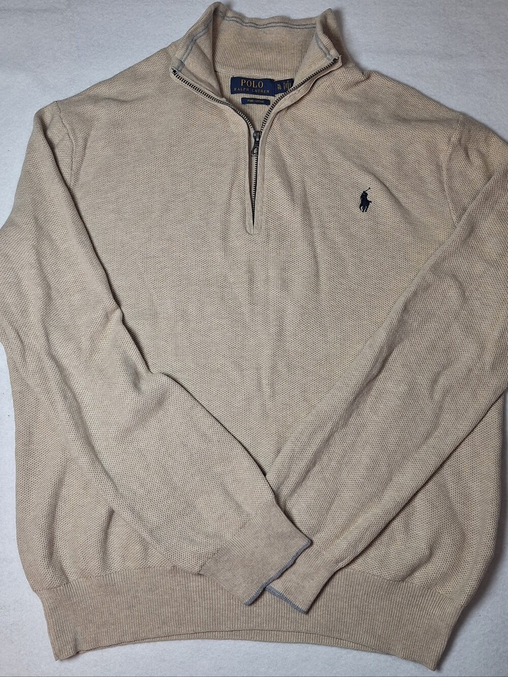 Polo Ralph Lauren Pima Cotton Quarter Zip Sweater Mens XL Beige Pony Logo